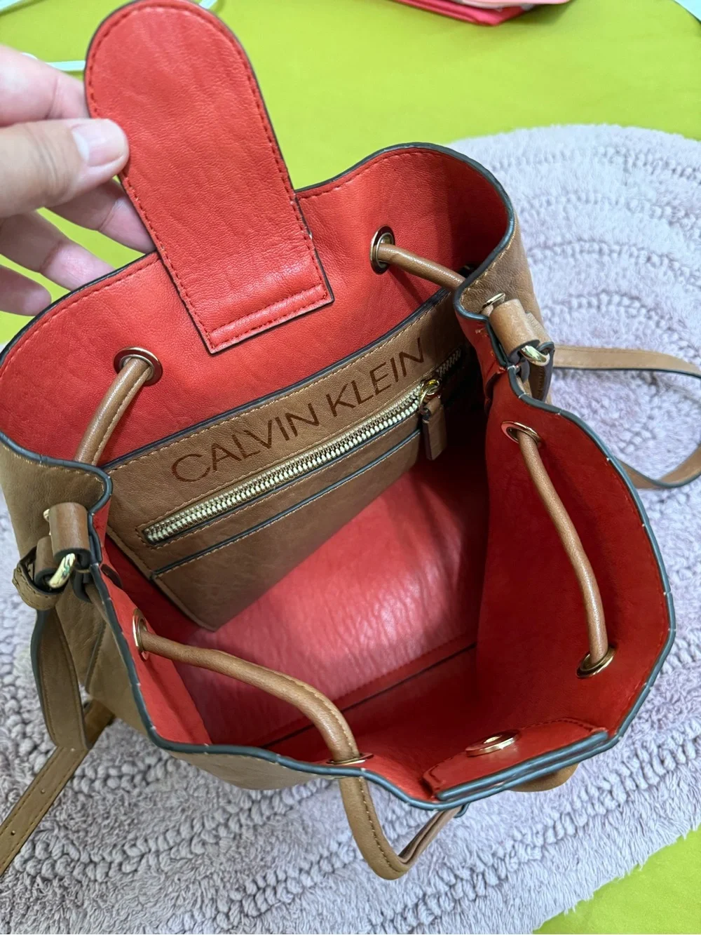 Calvin Klein Brown Leather Drawstring Crossbody with Coral Lining
